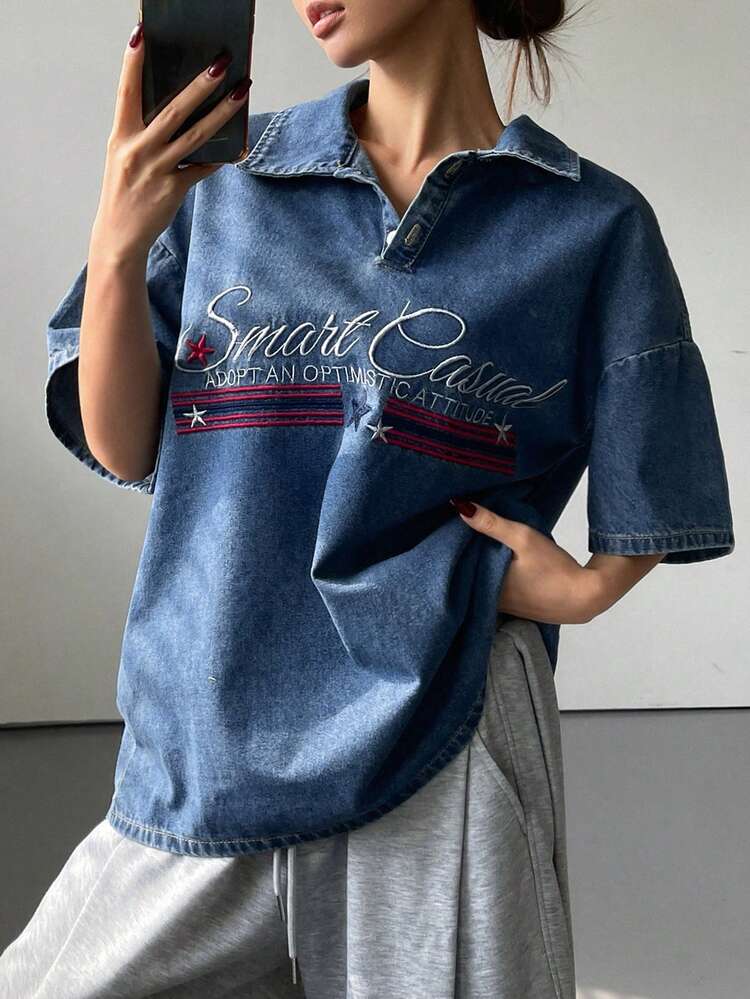 Women's Drop Shoulder Short Sleeve Washed Embroidered Denim Blouse