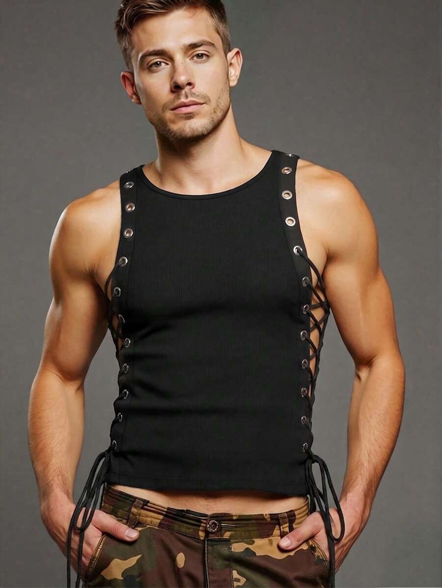 ZURIURI Camiseta de moda de cuello redondo con diseño de cordones de ojal de unicolor para hombre - Negro - Ver 1