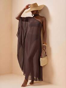 Zivah New Women's Vacation Casual Beach Pool Party Semi-Sheer Chiffon Long Robe Cover Up - Brown - View 4