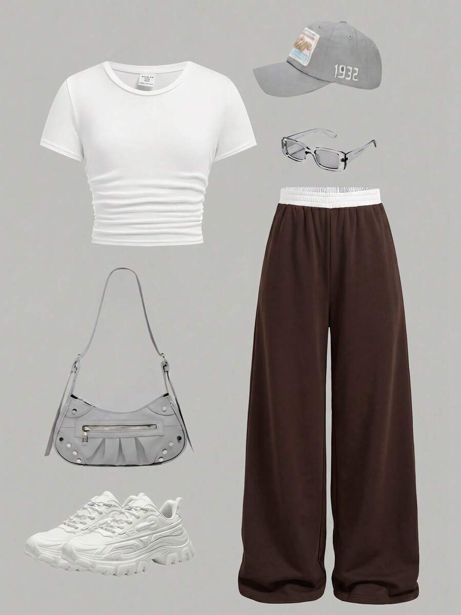 SHEIN Girlism Conjunto de niña preadolescente con top de manga corta de unicolor deportivo, scrunchie y pantalón de chándal recto de felpa - Marrón - Ver 1