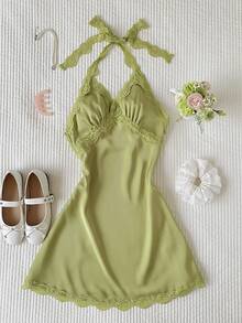Comfortcana Vestido mini elegante y sexy de mujer con contraste de encaje y cuello halter, para verano - Verde - Ver 6
