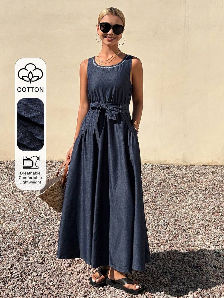 Women's Round Neck Sleeveless Waist Cinched Long Elegant Denim Dress