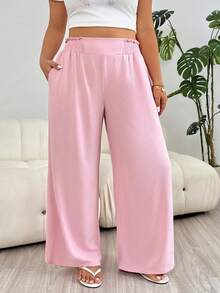 Solflare Women Plus Size Summer Everyday Loose Pants,Smart Casual Pastel Pink Drapey Textured Long Trousers With Pockets,Forgiving Waistband Streetwear - Baby Pink - View 5