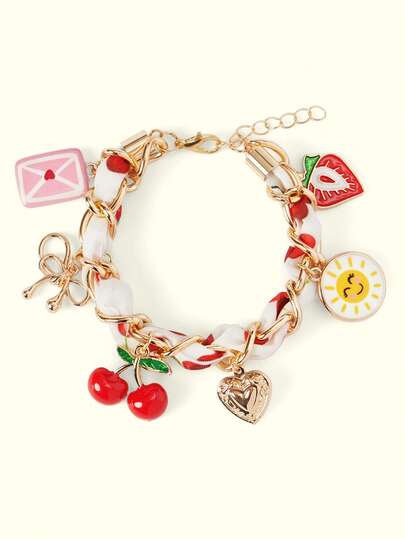 Popjeli 1 Pc Braided Rope Beach Ocean Vacation Chain Cherry Love Fruit Strawberry Bow Pendant Adjustable Women's Bracelet,Y2K/Cute/Colorful/Chic,For Mom/Women/Girl/Mother,Summer/Beach/Prom/Part/Vacation/Travel,PINK,Heart