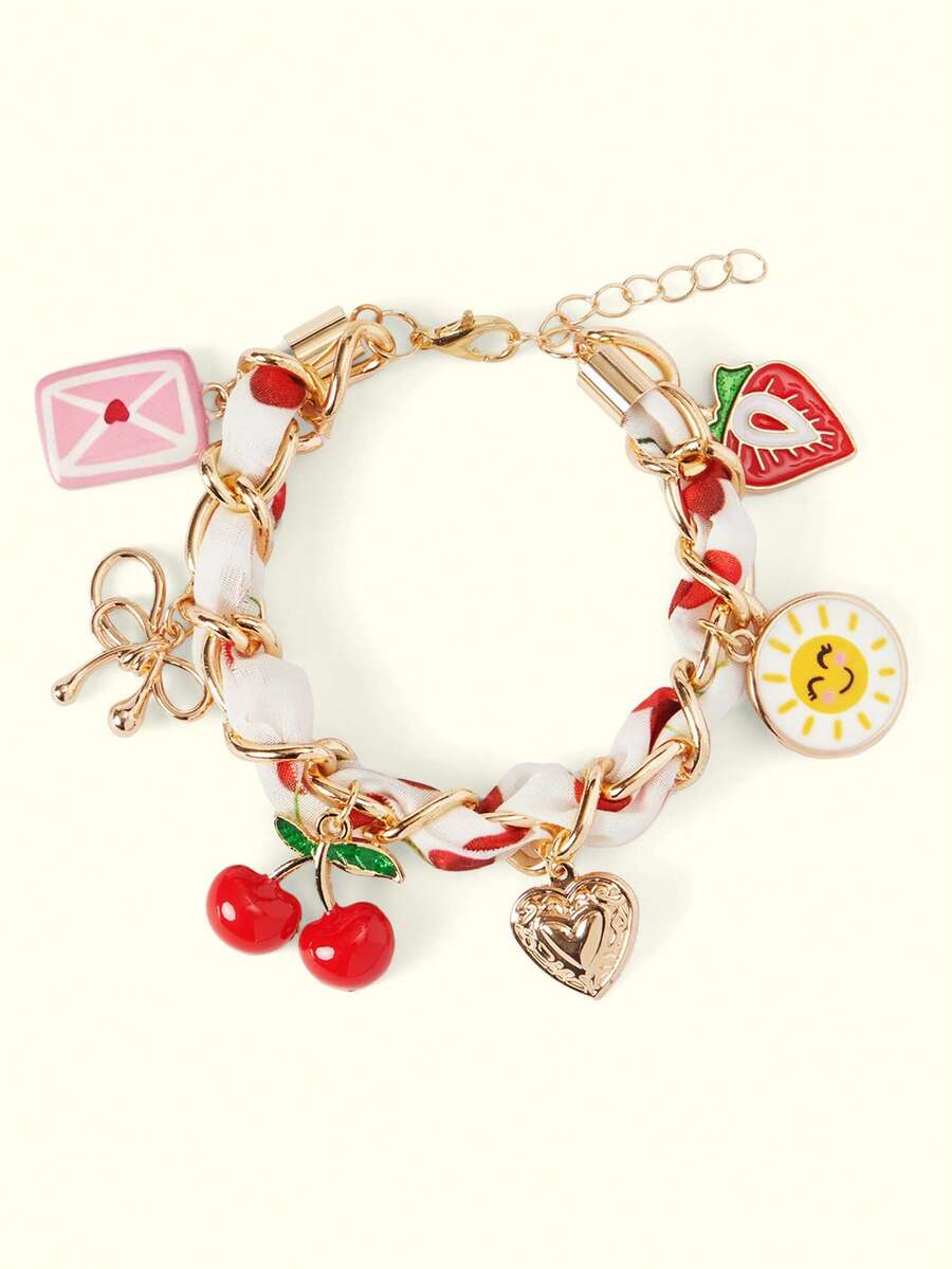 Popjeli 1 Pc Braided Rope Beach Ocean Vacation Chain Cherry Love Fruit Strawberry Bow Pendant Adjustable Women's Bracelet,Y2K/Cute/Colorful/Chic,For Mom/Women/Girl/Mother,Summer/Beach/Prom/Part/Vacation/Travel,PINK,Heart - B76 - View 1