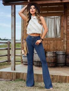 EMERY ROSE Jeans de mezclilla casuales con bolsillo elástico para mujer de talla grande, verano - Azul lavado medio - Ver 5