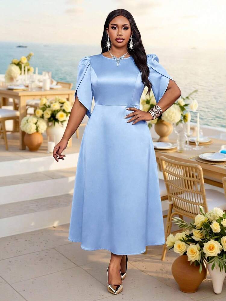 Fleurora Vestido Elegante Azul Bebê Plus Size para Mulheres