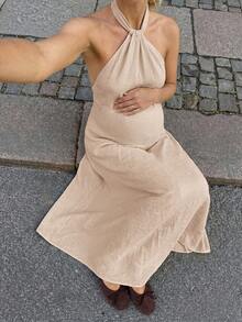 MaterniWear 孕妇夏季休闲纯色露背吊带连衣裙 - 杏色 - 查看 3