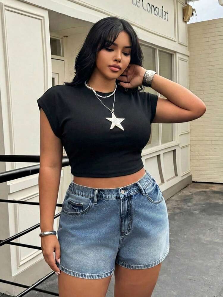 Dazy Plus Plus Size Women's Rhinestone Embellished Super Short Fitted Sexy Denim Shorts, Spring/Summer