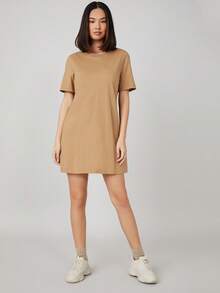 SHEIN BASICS Robe T-shirt décontractée à manches courtes et col rond de couleur unie pour femmes, robes d'été pour femmes - Kaki - Voir 5