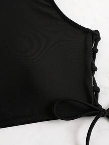 Summer Beach Lace Up Side Mock Neck Bikini Top - Black - View 4