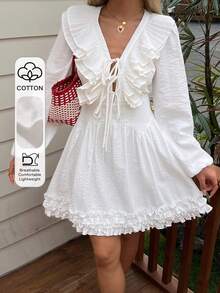 Livesso Cotton Ruffled Tie Waist Long Sleeve Mini Dress For Women - White - View 1
