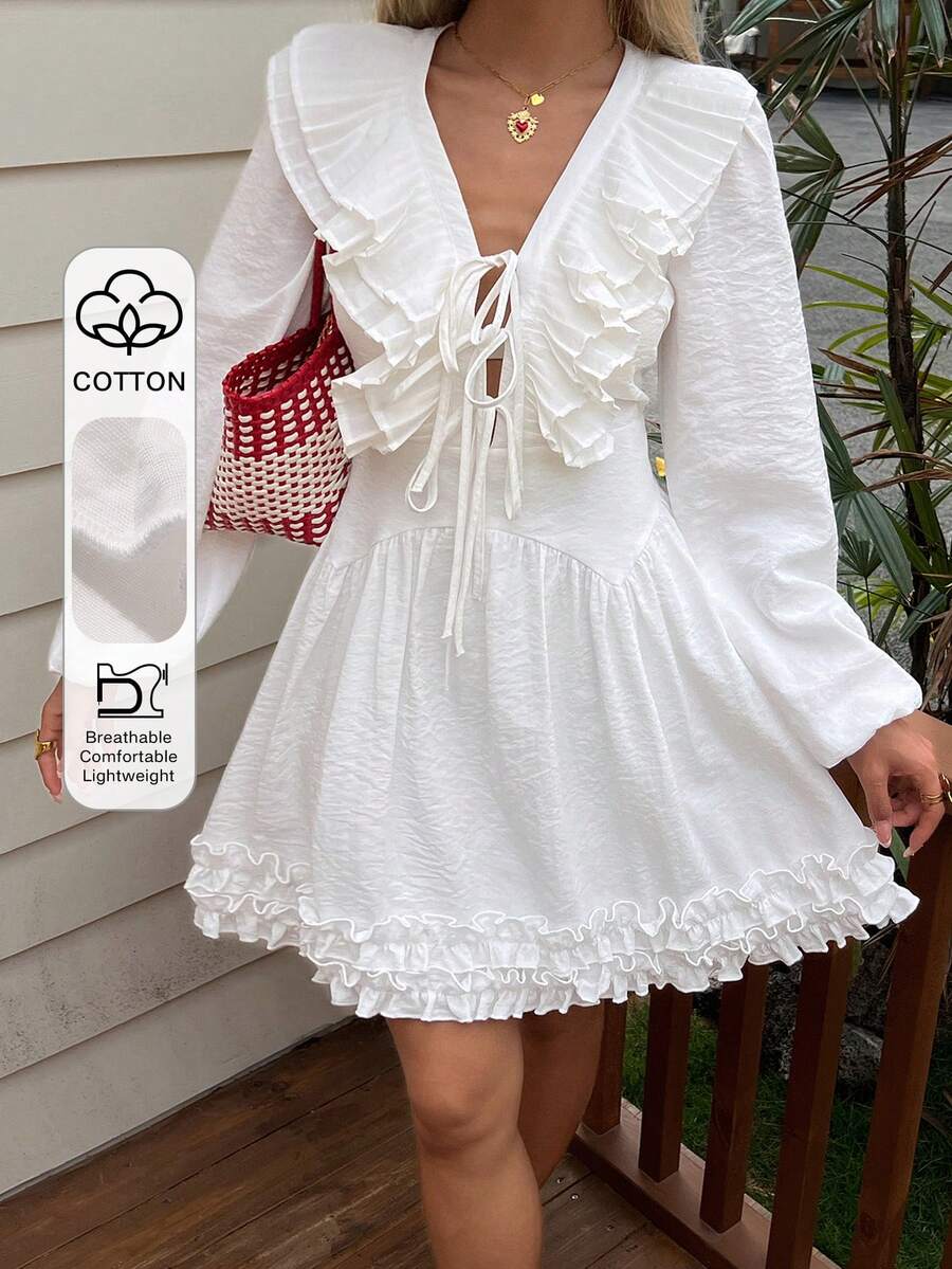 Livesso Cotton Ruffled Tie Waist Long Sleeve Mini Dress For Women - White - View 1