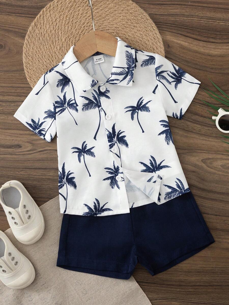 SHEIN Baby Boy Casual Vacation Coconut Tree Print Shirt And Shorts Set, Summer - Blue - View 1