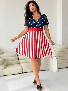 SHEIN EZwear 大码女式休闲度假拼接美国国旗印花短袖连衣裙，春夏款 - 彩色 - 查看 5
