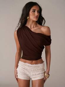 SHEIN BAE Women's Solid Color Asymmetric Neckline Ruched Elegant Blouse,Summer Top - Coffee Brown - View 4