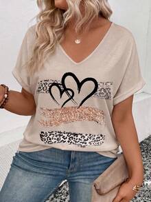 Casual Vintage Basic V-Neck Turnover Cuff Front Panel Heart & Leopard Print Design T-Shirt - Khaki - View 4