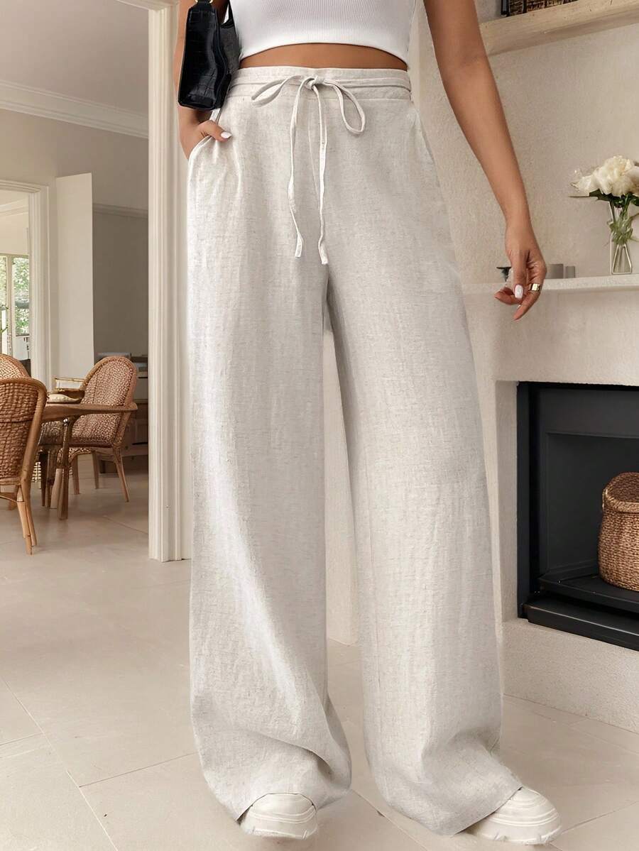 SHEIN Tall CURVE Quần ống rộng dáng suông, thoải mái, thanh lịch, chất liệu vải lanh kẻ sọc, cỡ lớn dành cho nữ, có dây rút và túi, phù hợp cho giáo viên, trang phục mùa hè, đi học, đi làm, công sở tối giản, phong cách retro. - Màu be - Xem 1
