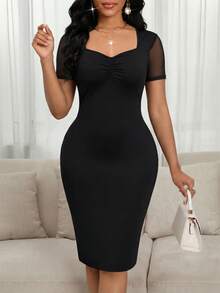 SHEIN Lady Women's Solid Color Sweetheart Neck Mesh Patchwork Short Sleeve Fitted Midi Dress,Dresses For Women Summer - Black - View 5