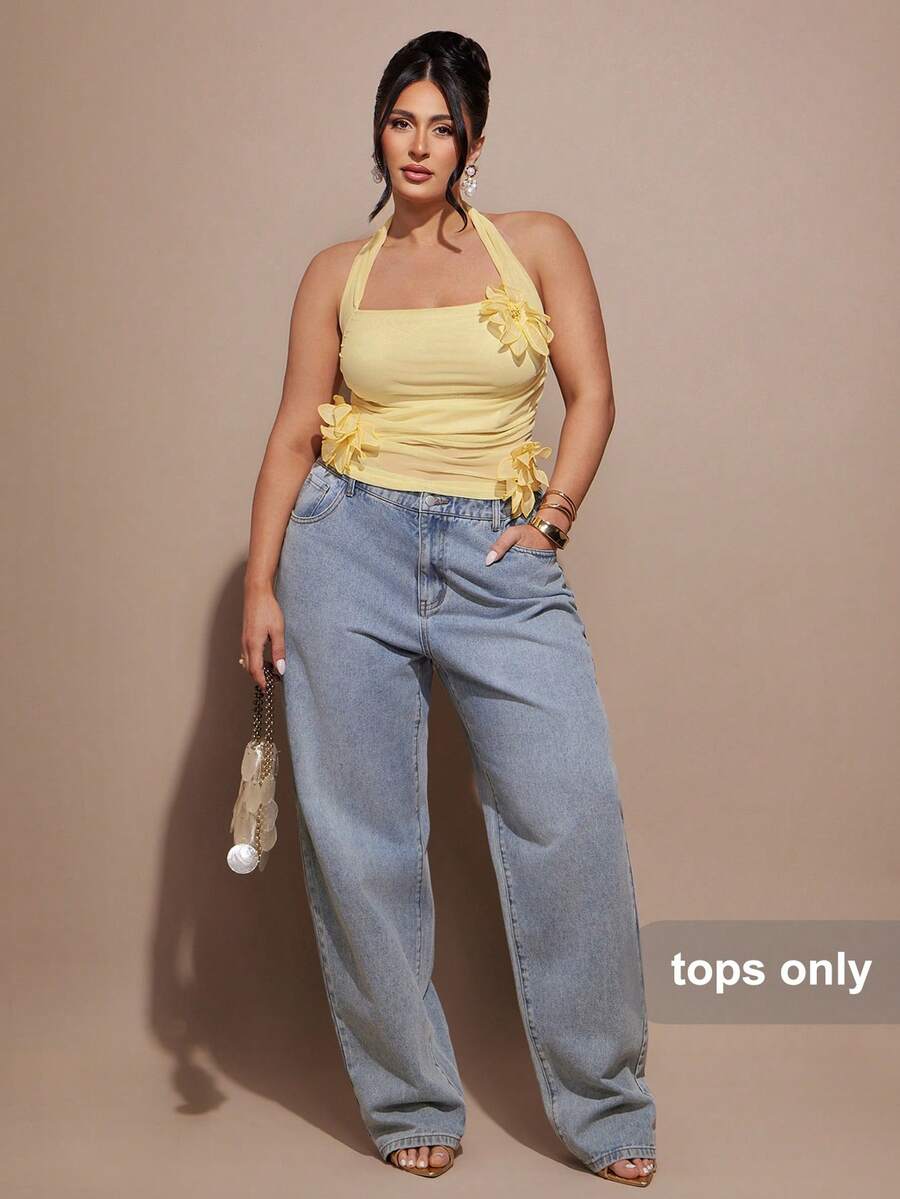SHEIN BAE 大码女式新款黄色3D立体花卉吊带背心，春夏性感上衣