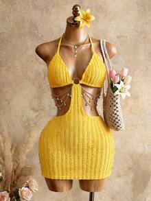 SHEIN BamGlam 2026 New Women Chain Beach Holiday Sexy Strap Hollow Hanging Chain Dress,Suitable For Party, Christmas, Date Night, Nightclub, Bohemian, Boho, Vacation, Vacation, Vintage, Holiday, Beach, Cruise Beach Club Outfits Women Vacay Outfit Women Yellow Cover Ups For Swimwear - Yellow - View 7