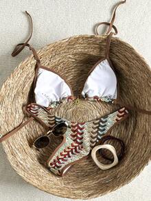 泳装基础款两件套，纹理面料，金色配饰，挂脖三角比基尼上衣和高衩泳裤，性感泳衣套装，适合女士，春夏海滩度假 - 彩色 - 查看 3