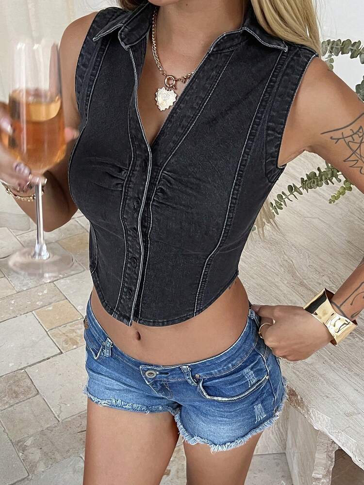 Women's Collared Sleeveless Fitted Casual Denim Cardigan