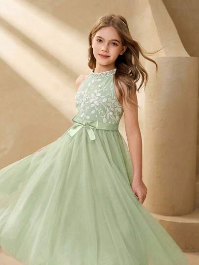 Đầm dài thanh lịch, ngọt ngào dành cho bé gái tuổi teen, thêu hoa 3D, chất liệu ren và lưới satin, thích hợp cho đám cưới, dạ hội, tiệc sinh nhật, tiệc chiêu đãi.