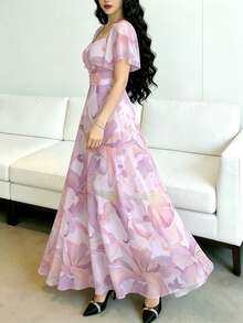 Modelyn Đầm dài nữ in họa tiết hoa ly, thiết kế cổ vuông tay bồng thời trang, đầm chiffon hoa thanh lịch thắt eo mùa hè, đầm chiffon màu tím nhạt họa tiết hoa, thích hợp cho kỳ nghỉ hè và mặc hàng ngày. - Nhiều màu - Xem 4