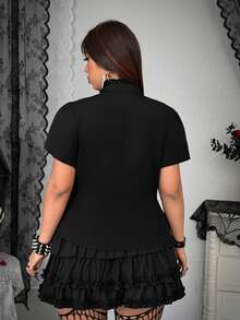 Whyspr Plus Size Women's Retro College Street Punk Goth Style Bold Avant-Garde Sexy Lace Patchwork Ruffle Collar Button-Up Short Sleeve Shirt Blouse, Suitable For Back To School Season, Everyday Wear - Black - View 2