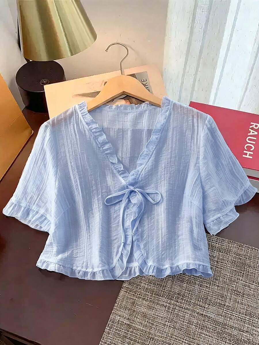 GlowEve CURVE Áo khoác cardigan dáng rộng, chất liệu họa tiết bong bóng, thắt nơ, kiểu dáng thời trang dành cho nữ. - Màu xanh lam - Xem 1