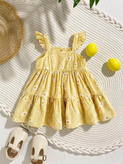 SHEIN Vestido de verano con estampado floral y a cuadros para bebé niña recién nacida
