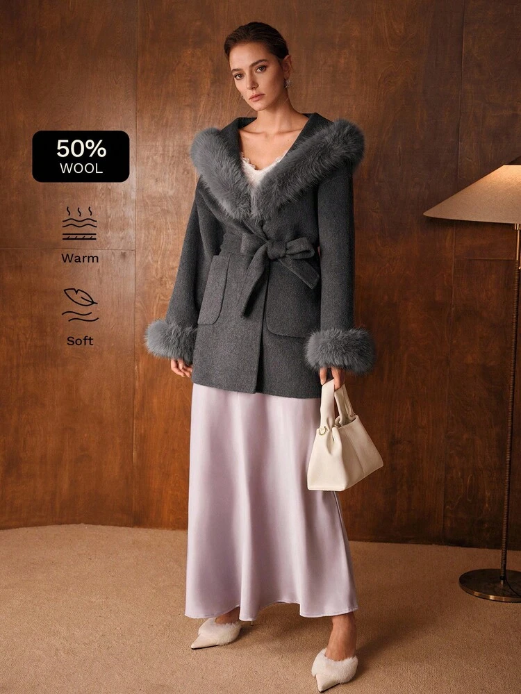 WOOL BELTED CONTRAST FAUX FUR OVERCOAT