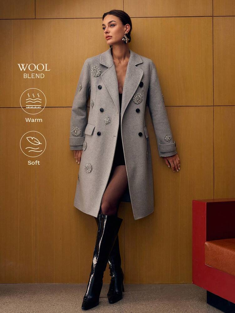 WOOL RHINESTONE DETAIL DOUBLE BREASTED PLACKET OVERCOAT