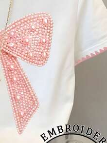 1pc Tween Girl Pearl Bow Print Embroidered Collar Decor Short Sleeve Loose Fit Casual Tassel Cute T-Shirt,Suitable For White Summer School Pink Style - White - View 4