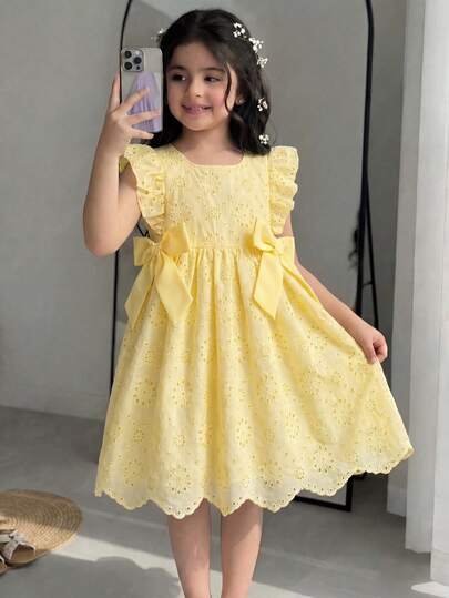 Elladie kids Spring/Summer Navy Blue Hollow Polka Dot Girls' Square Collar Flutter Sleeve Cinched Waist Flared Bow Decor Princess Style Dress (Casual Outing / Birthday Party / School Outfit), Adorable Fluttering Sleeves A-Line Dress With Dimensional Bow Decor On Both Sides