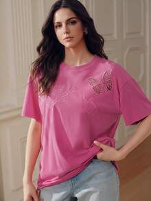 Anewsta Nouveau top tricoté à manches courtes pour femmes, imprimé papillon & coquillage rose, t-shirt tricoté élégant, tenue d'été pour vacances à la plage - Rose bonbon - Voir 5