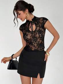 Women's Lace-Up Collar Cap Sleeve Fitted Sexy Blouse - Black - View 7