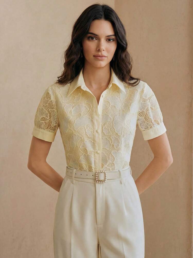 Women's Elegant Apricot Leaf Lace Hollow Out Short Sleeve Blouse, Suitable For Dates Or Afternoon Tea
