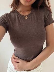 DAZY Camiseta corta ajustada de manga larga con hombros descubiertos, casual y elegante para mujer - Marrón - Ver 5