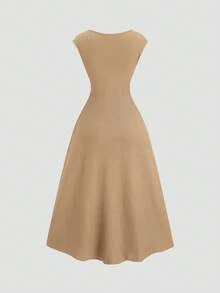 Sweetra Solid Color Waist Tie Fitted Knit Maxi Dress, European And American Style - Camel - View 2