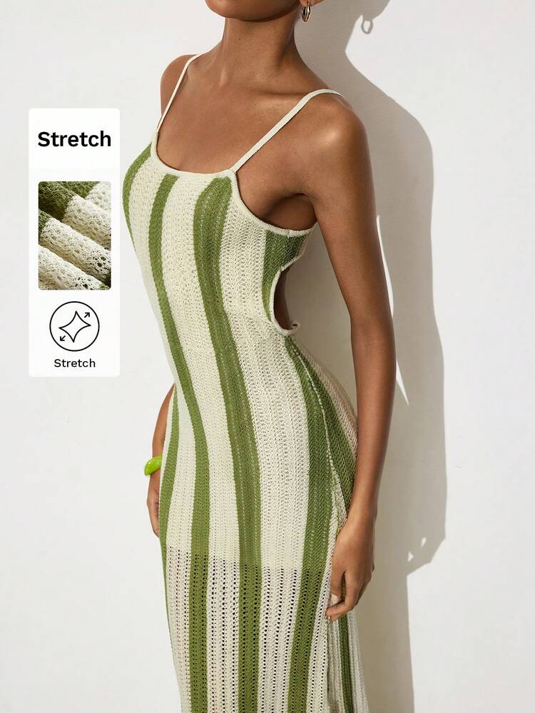 SHEIN Maija 여성 캐주얼 스트라이프 캐미솔 니트 드레스, 여름