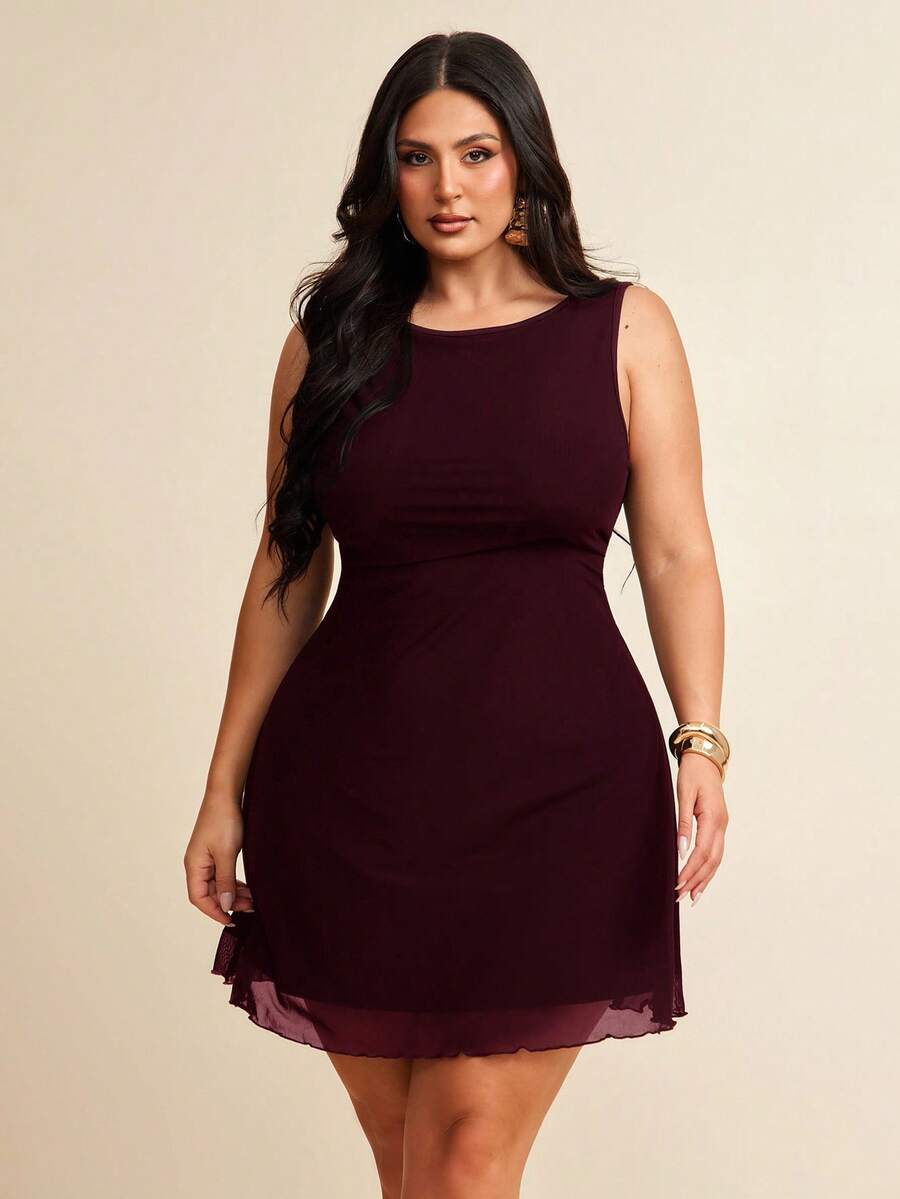 SHEIN BAE Plus Size Women Sleeveless Mesh Dress, Spring/Summer - Maroon - View 1