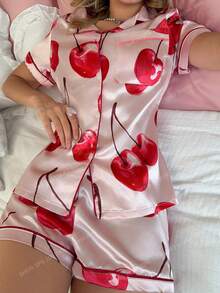 SweetSlumber Sweet & Cute Ins-Style Hand-Painted Cherry Print Collared Button-Up Women Pajama Set Cherry Pajama Set Cherry Sleepwear Pijamas Summer Set For Woman Pijama Party Set For Ladies Cherry Clothes Pijams Summer Set For Woman Cherry Pjs Women Pj Sets For Women Pjama Set For Women Summer Pujama Set - Multicolor - View 4