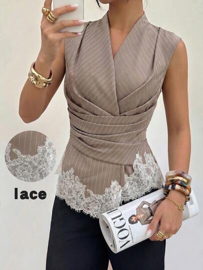 Mulvari Women's Spring/Summer Khaki Striped Woven Sleeveless Gathered Waist A-Line Dress With White Lace Trim, Elegant Office Wear Blazer Khaki Pinstripe Lace Trim Ruched Waist Sleeveless Wrap Blouse Spring Vacation Chic Ruched Waist Lace Trim Blouse Office Wear Formal Khaki Pinstripe Blouse Minimalist Elegant Ruched Waist Lace Blouse | Spring Formal & Festive Wear