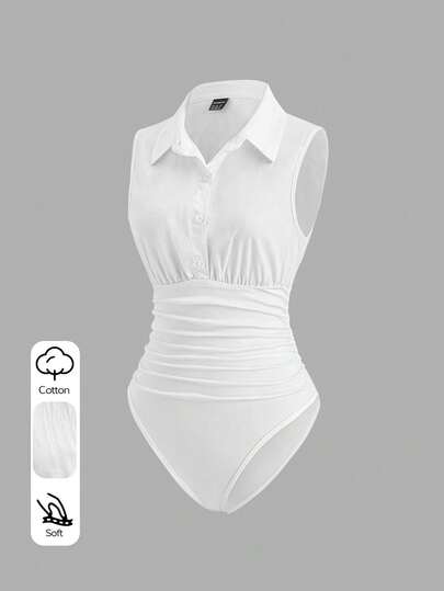 Sweetra Women's Spring/Summer New Arrival French Elegant Vacation Style Fitted Slimming Side Ruched Workmanship Sleeveless Shirt Collar Minimalist White Blouse