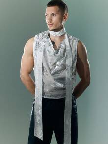FeverCity Men's Fashionable Sleeveless Shirt With Metallic Trim Collar - White - View 3