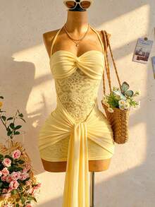 Soleia Women's Vacation Beach Solid Color Lace Patchwork Backless Halter Mini Dress,Summer Dresses For Women - Yellow - View 1