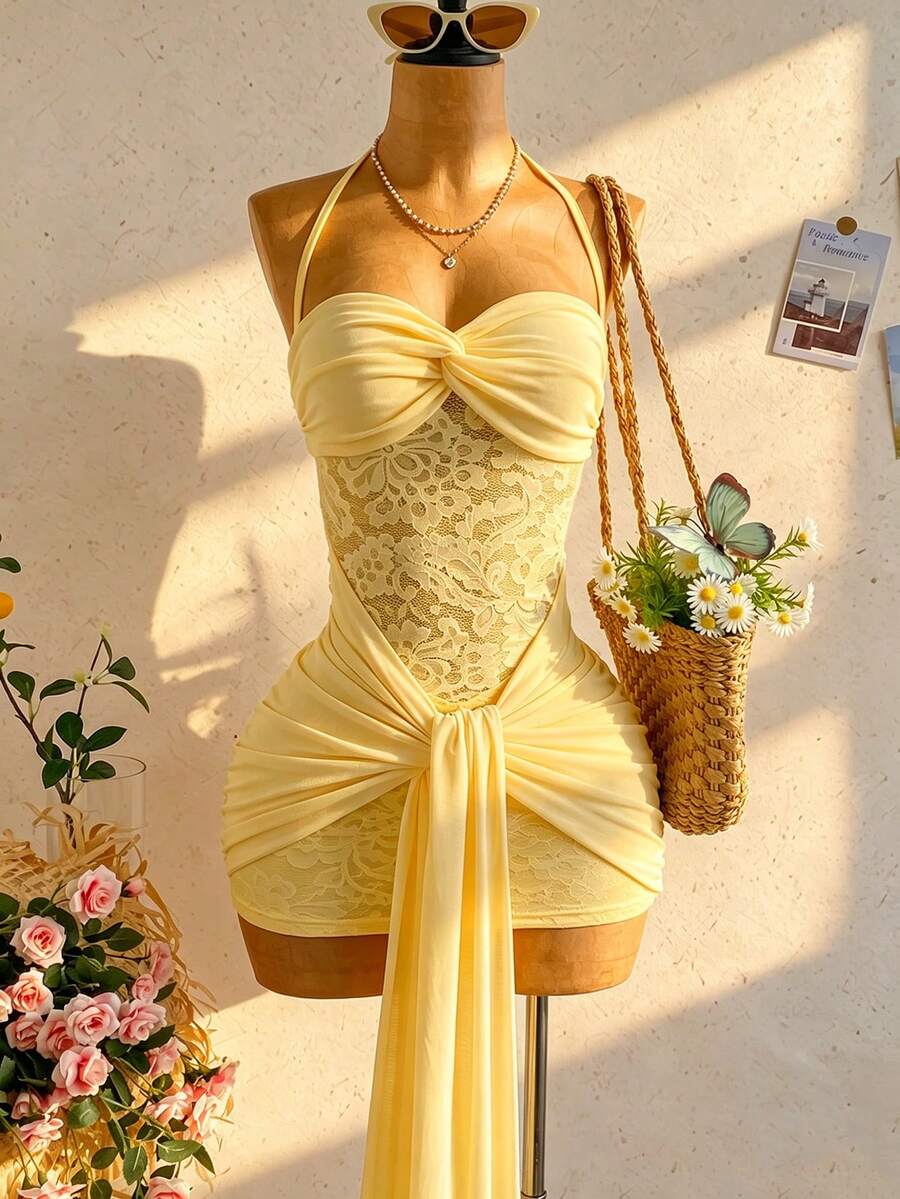 Soleia Women's Vacation Beach Solid Color Lace Patchwork Backless Halter Mini Dress,Summer Dresses For Women - Yellow - View 1