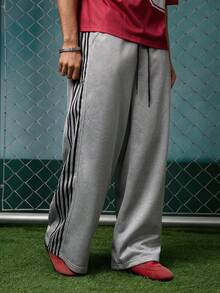 EVRINFINITE Men's Drawstring Waist Side Striped Wide Leg Loose Casual Sweatpants, Track Pants For Men, For Rave - Light Grey - View 4